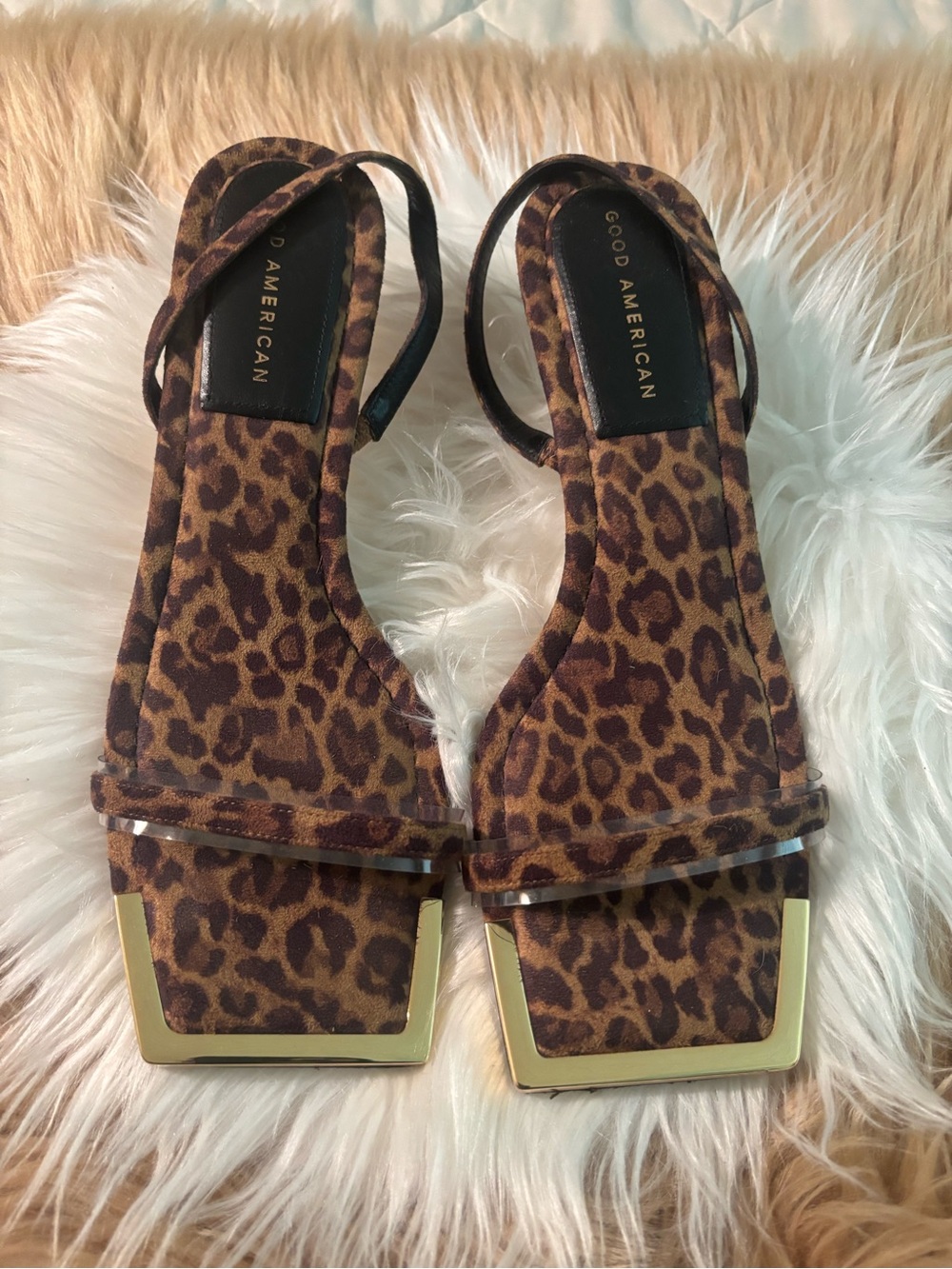 Good American Leopard-Print Square Toe Sandals with Clear Strap